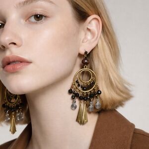 Gold and Black Bohemian Chandelier Earrings with Crystal Accents